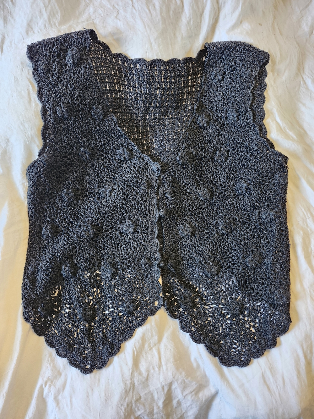 Handmade Crocheted Floral Vest - Black 100% Cotton